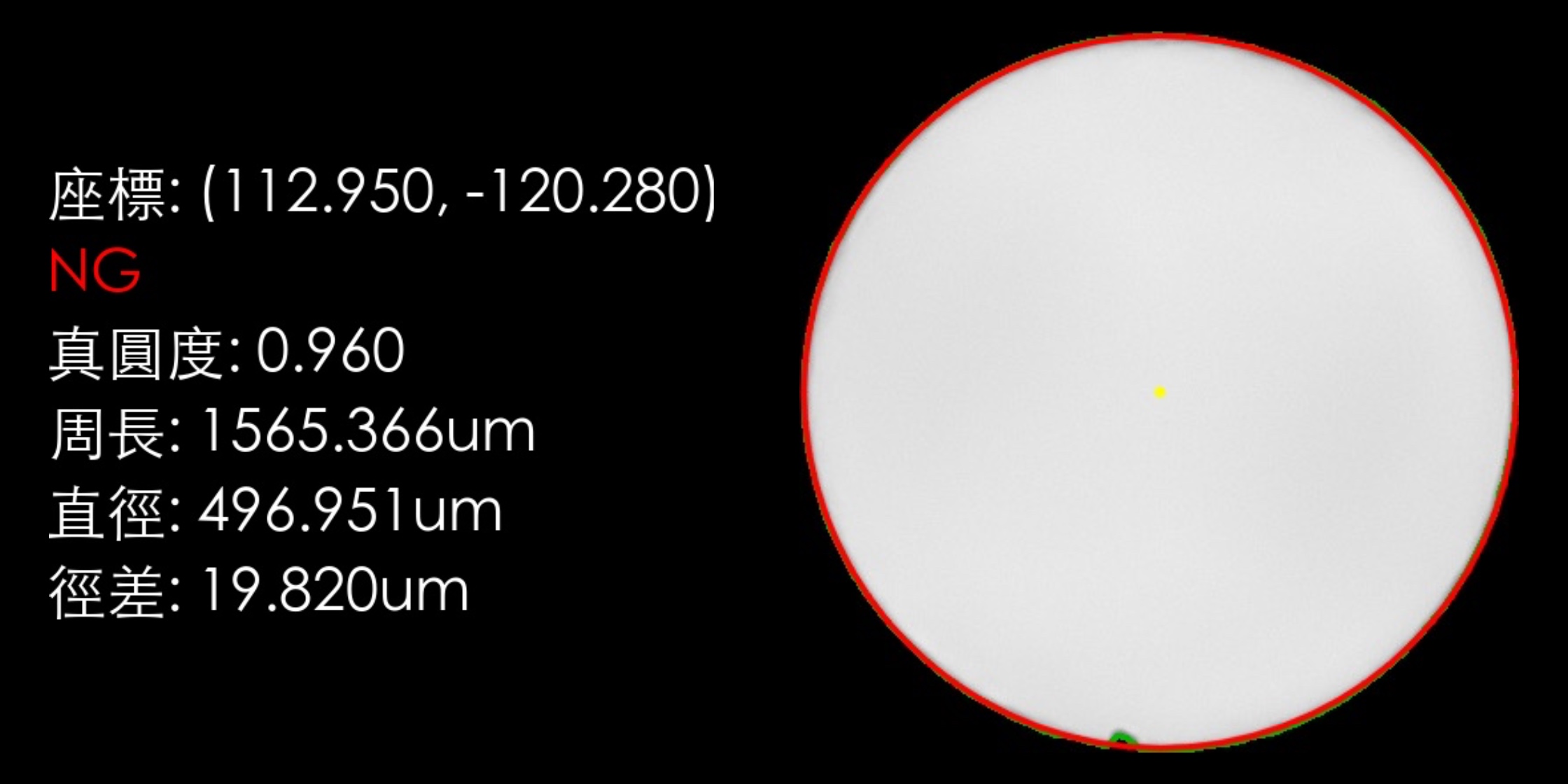 微孔量測輸出畫面，顯示孔座標、真圓度 0.960、周長 1565.366µm、直徑 496.951µm 與徑差 19.820µm，判定為 NG