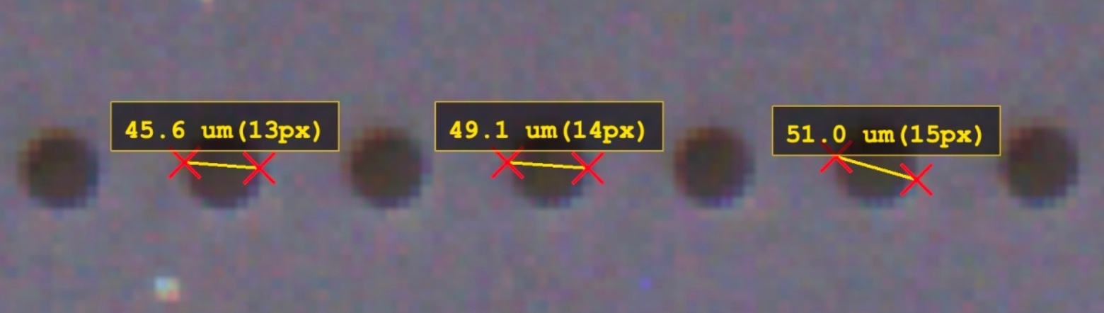MPO 光纖連接器 ferrule 孔洞量測範例，相鄰孔量得 45.6µm、49.1µm、51.0µm